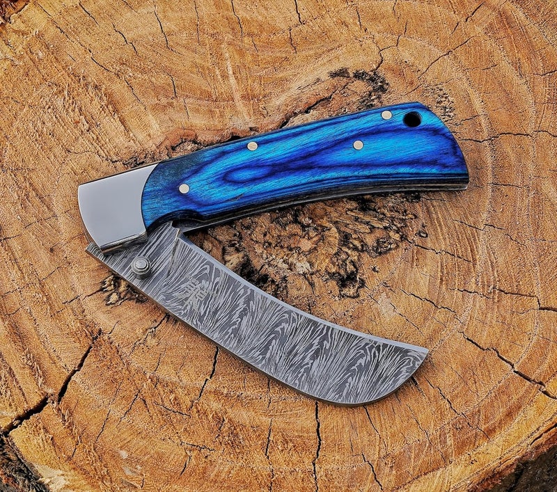 BE BREAK EDGE Hawkbill Knife,Folding Pocket Knife with Curved Blade, Lineman Tools,Blue pakkawood Handle Pattern,Damascus Steel Construction - Image 4